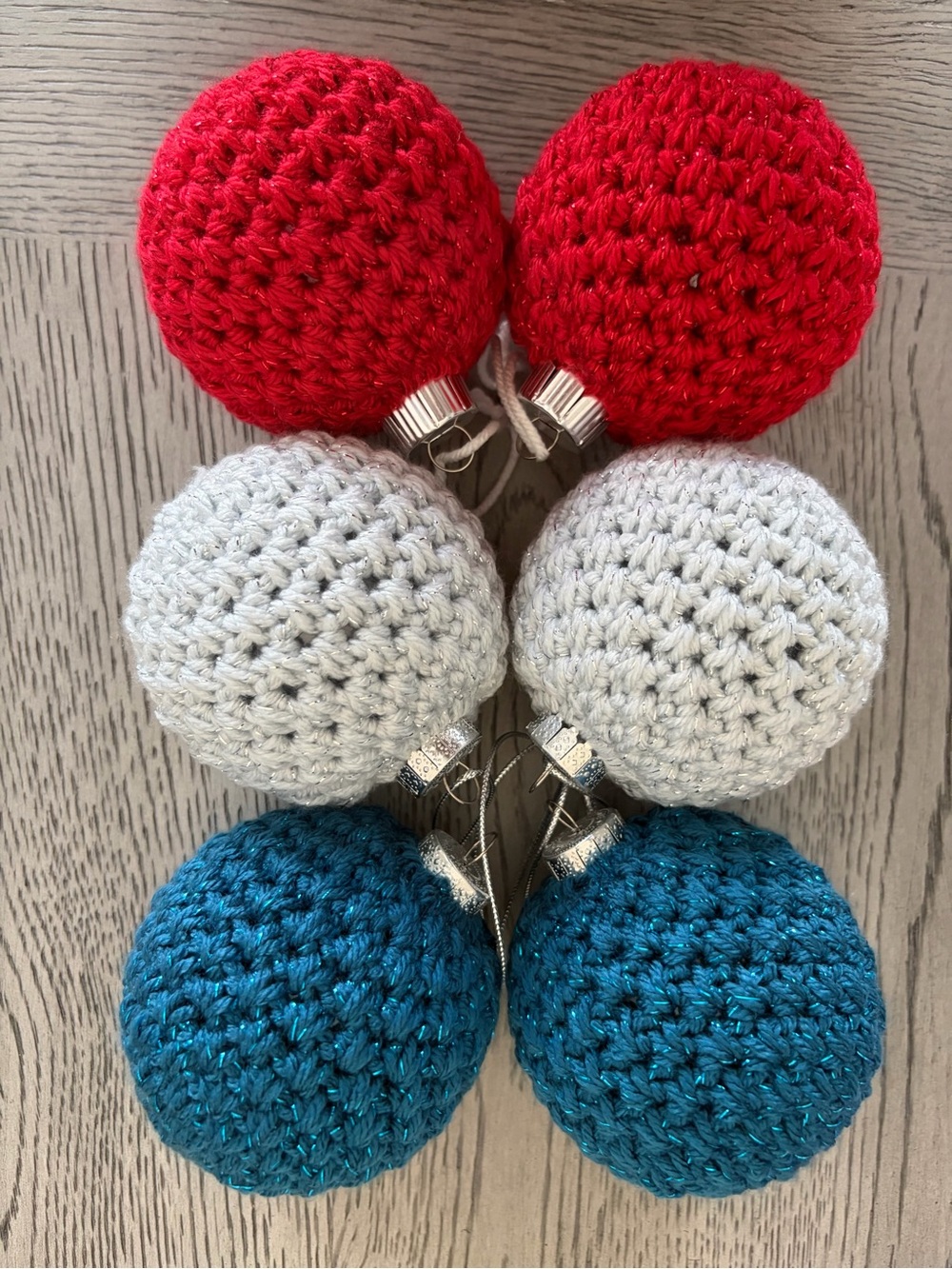 Handmade Crochet Holiday Ornament Set - Red, White, Teal